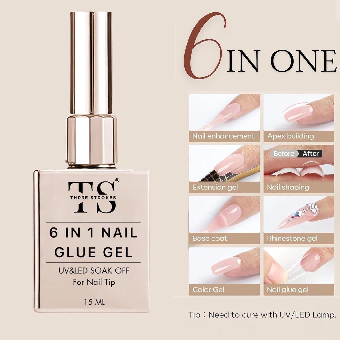 THR3E STROKES Builder Nail Gel, 6-in-1 Gel Builder 15ml for Nails, Hard Gel Builder Nail Strengthener Extension Gel Nail Polish Rhinestone False Nail Tips Glue Gel in a Bottle (CLEAR)