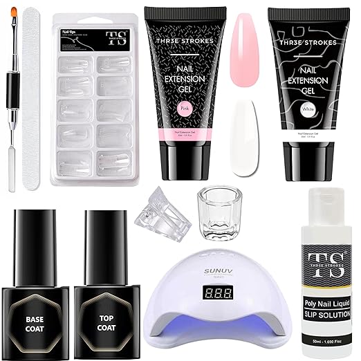 THR3E STROKES Poly Gel Nail Extension Kit, Glossy Finish, 30 ml Each (White, Pink)