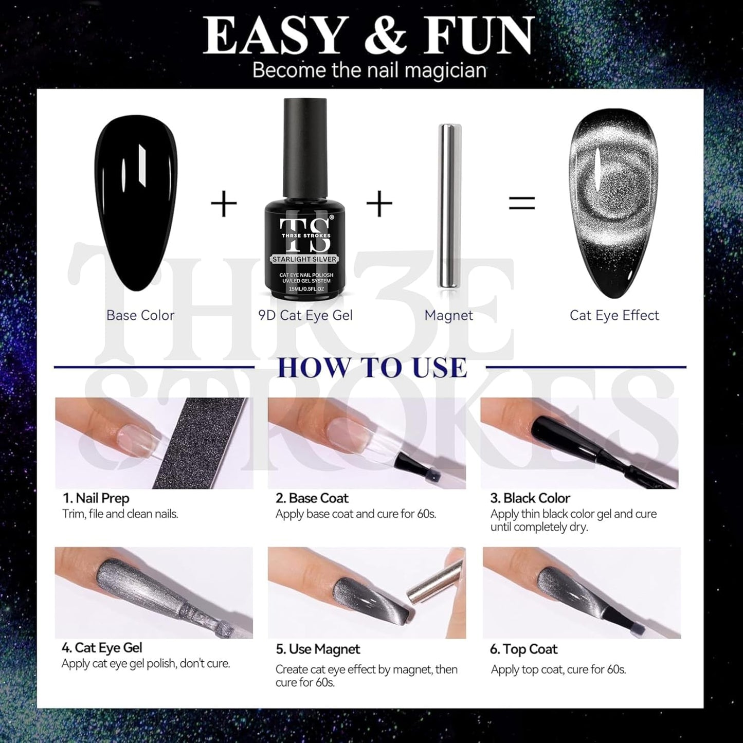 THR3E STROKES Cat Eye Gel Nail Polish 15ml Gel Polish Soak Off U V LED Nail Lamp 1 Color Silver Shimmer Velvet Gel Nail Polish Nail Art Manicure Salon DIY Home