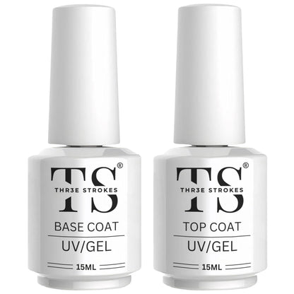 THR3E STROKES 2 Pcs 15ml No Wipe Gel Top Coat and Base Coat Set - Shine Finish and Long Lasting