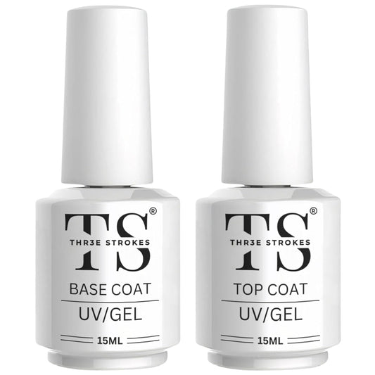 THR3E STROKES 2 Pcs 15ml No Wipe Gel Top Coat and Base Coat Set - Shine Finish and Long Lasting