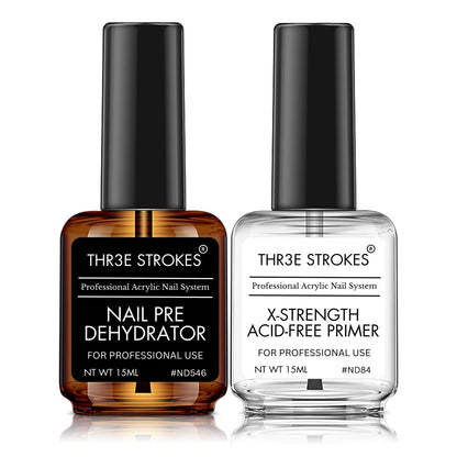 THR3E STROKES Professional Natural Nail Prep Dehydrate and Acid-Free Primer, Dehydrator for Acrylic and Gel Nail Polish, Non Acid Primer for UV Gels Fast Dry Superior Bonding Agent Gift Box Set
