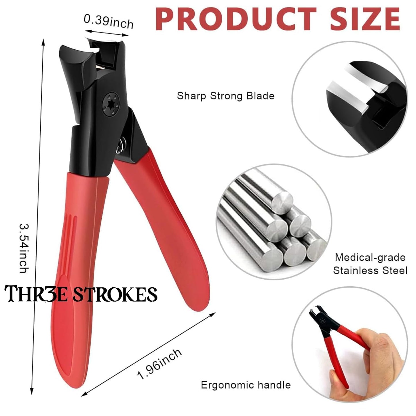 THR3E STROKES Thick Nail Clipper, Toenail Clipper with Long Handle Stainless Steel Nail Cutter for Tough Nails Thick Nails, Anti-splash Nail Clipper for Adults, Seniors, Manicure Nail Clipper, Red