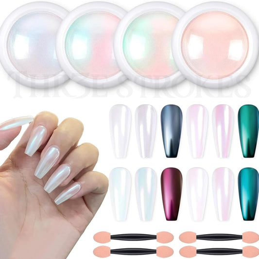 THR3E STROKES Chrome Nail Powder Metallic Mirror Glitter Effect Pigment Iridescent Aurora Mermaid Pearl Dust Kit for Gel Polish Nail Art Decoration, Resin Craft Arylic powder