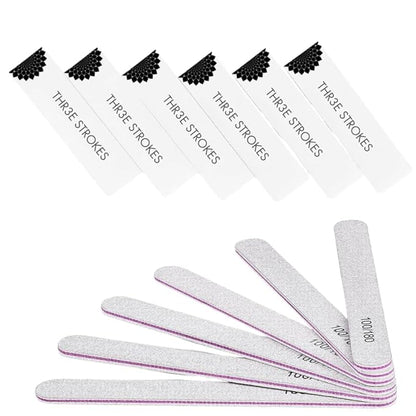 THR3E STROKES Nail Files & Buffer Kit: 12pcs 100/180 Grit (White)