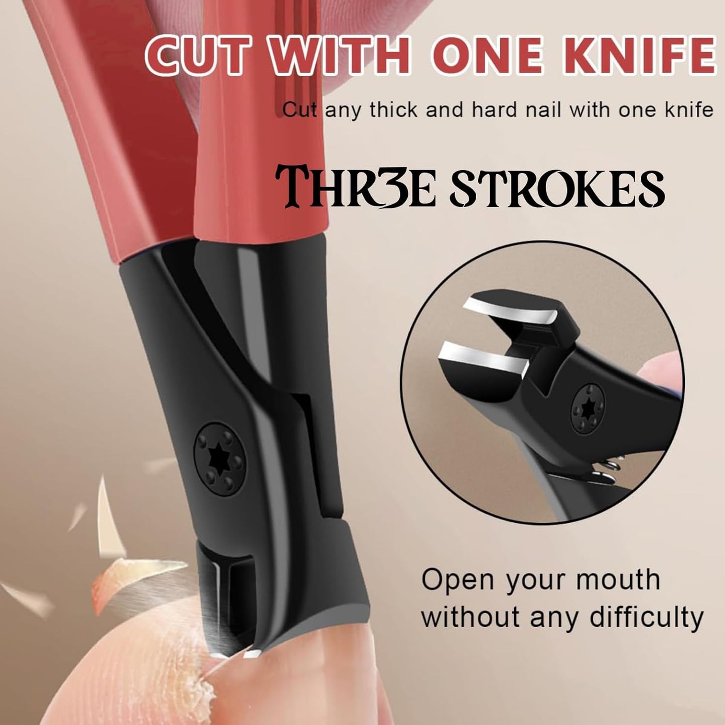 THR3E STROKES Thick Nail Clipper, Toenail Clipper with Long Handle Stainless Steel Nail Cutter for Tough Nails Thick Nails, Anti-splash Nail Clipper for Adults, Seniors, Manicure Nail Clipper, Red