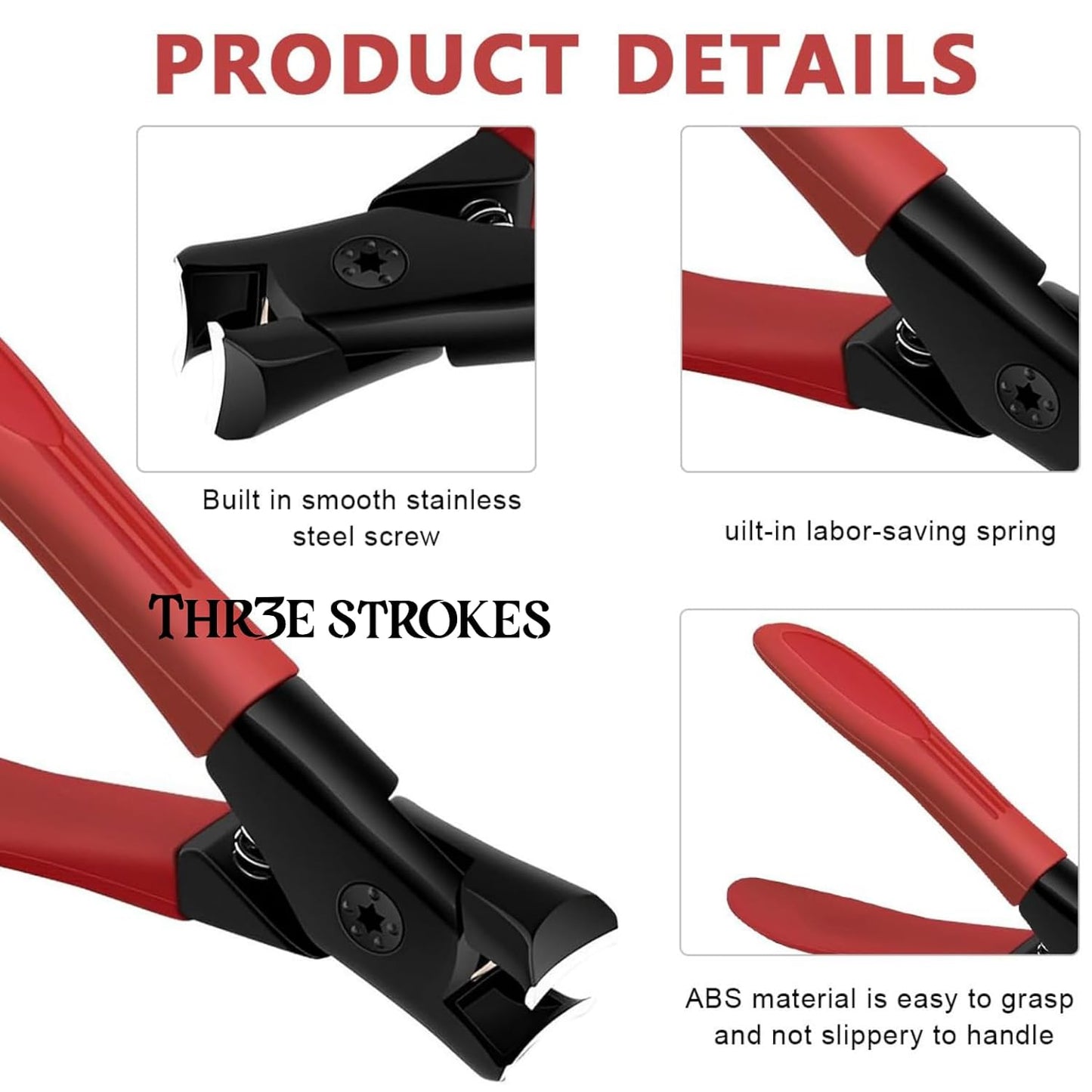 THR3E STROKES Thick Nail Clipper, Toenail Clipper with Long Handle Stainless Steel Nail Cutter for Tough Nails Thick Nails, Anti-splash Nail Clipper for Adults, Seniors, Manicure Nail Clipper, Red