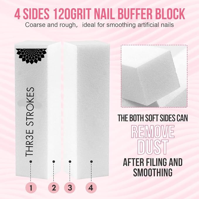 THR3E STROKES Nail Buffer Block Set: 120Grit 4pcs Sponge Files