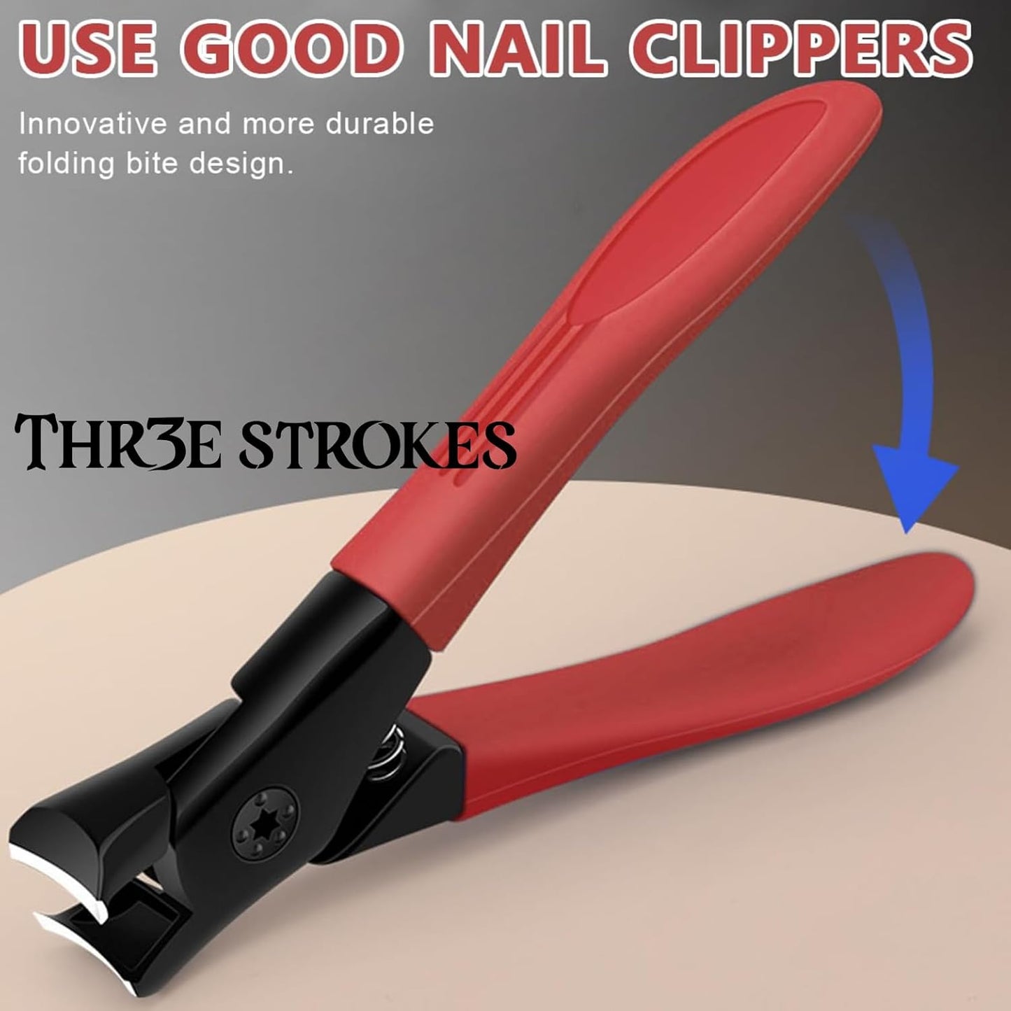 THR3E STROKES Thick Nail Clipper, Toenail Clipper with Long Handle Stainless Steel Nail Cutter for Tough Nails Thick Nails, Anti-splash Nail Clipper for Adults, Seniors, Manicure Nail Clipper, Red