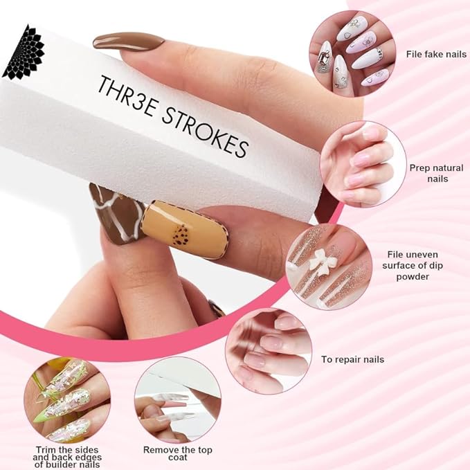 THR3E STROKES Nail Buffer Block Set: 120Grit 4pcs Sponge Files