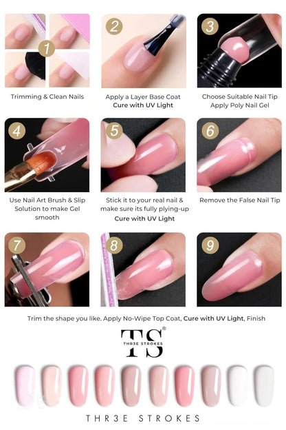 THR3E STROKES Poly Nail Gel Extension Kit for Builder Gel  (Pink, Clear, White) (11 Pcs Set)