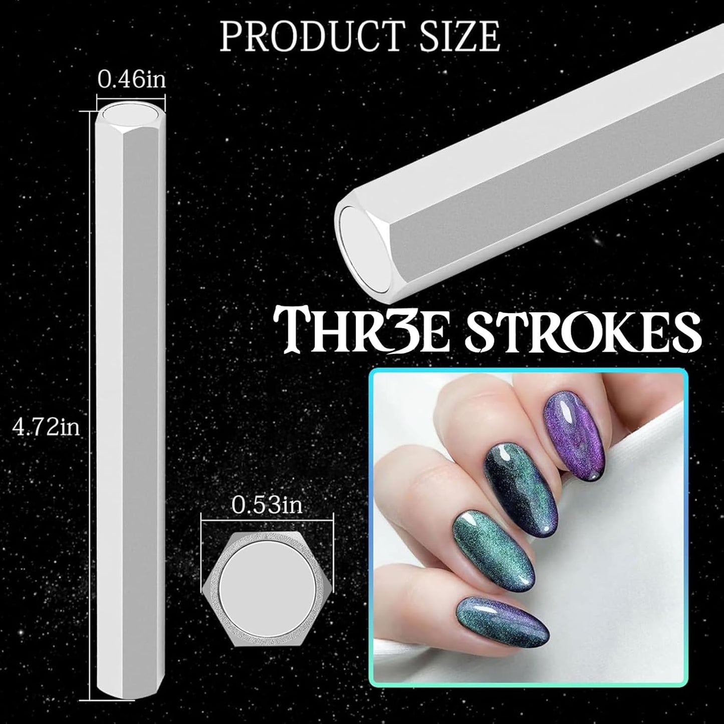 THR3E STROKES Cat Eye Magnet Tool,Professional Double-Ended Hexagon Strong Nail Magnet Stick for Cat Eye Gel Nail Polish, suitable for personal DIY, nail studio or nail salon(Silver)