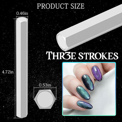 THR3E STROKES Cat Eye Magnet Tool,Professional Double-Ended Hexagon Strong Nail Magnet Stick for Cat Eye Gel Nail Polish, suitable for personal DIY, nail studio or nail salon(Silver)