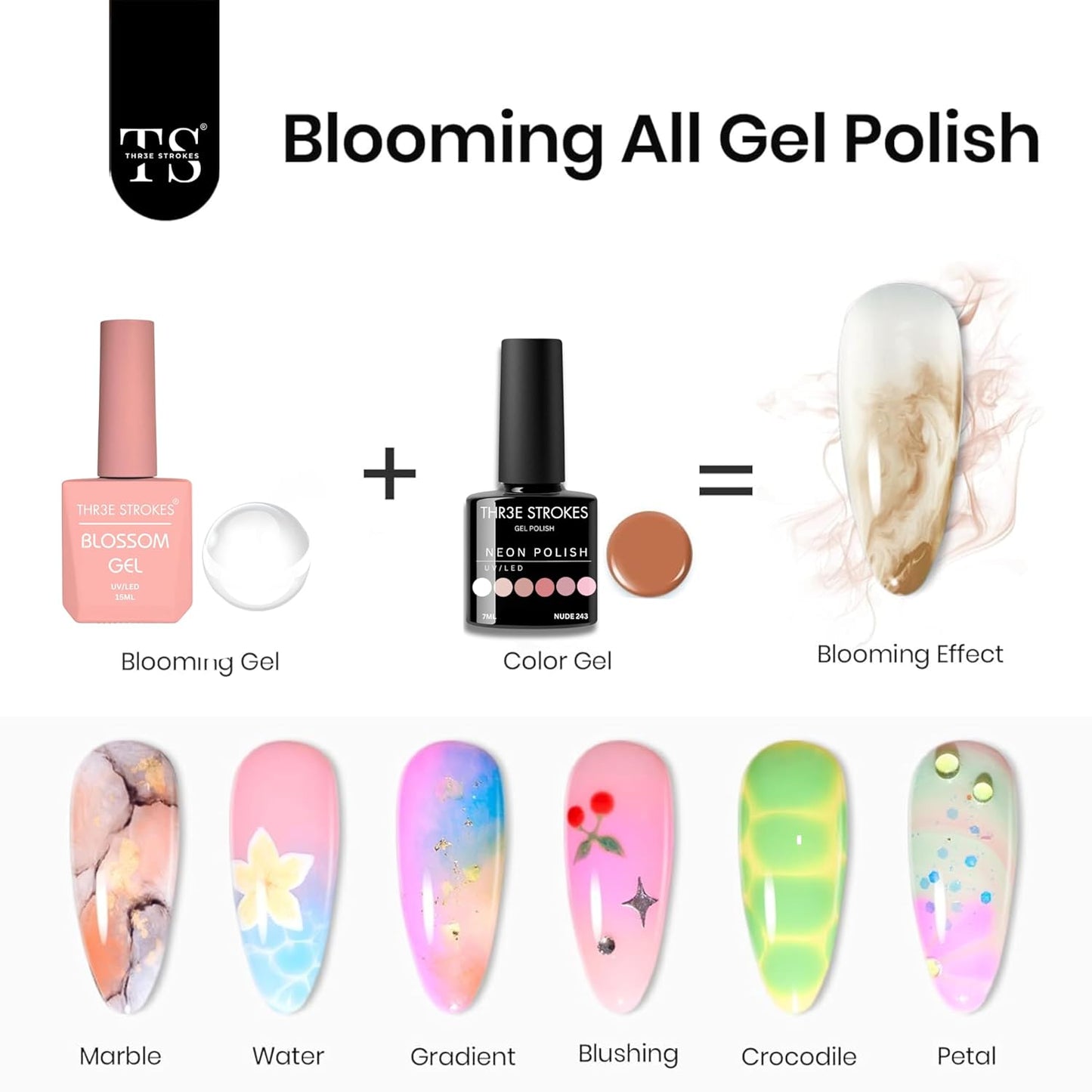 THR3E STROKES Nail Blooming Gel 15ml Clear Uv Led Blossom Gel Polish for Spreading Effect Marble Natural Stone Watercolor Floral Print Soak off Nail Gel Diy Nail Art Design Gift for Women