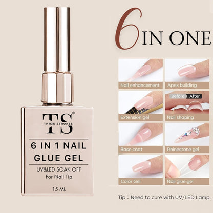 THR3E STROKES Builder Nail Gel, 6-in-1 Gel Builder 15ml for Nails, Hard Gel Builder Nail Strengthener Extension Gel Nail Polish Rhinestone False Nail Tips Glue Gel in a Bottle (CLEAR)