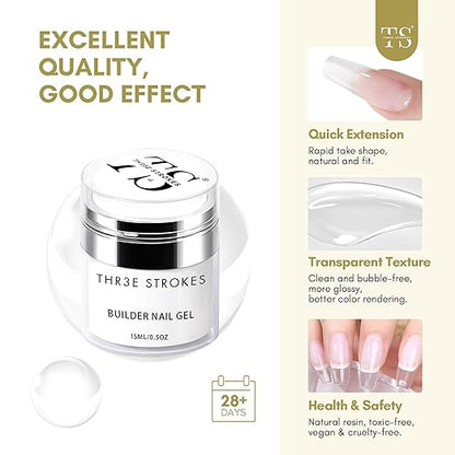 THR3E STROKES Builder Nail Gel Set: Clear Hard Gel for Nail Extensions
