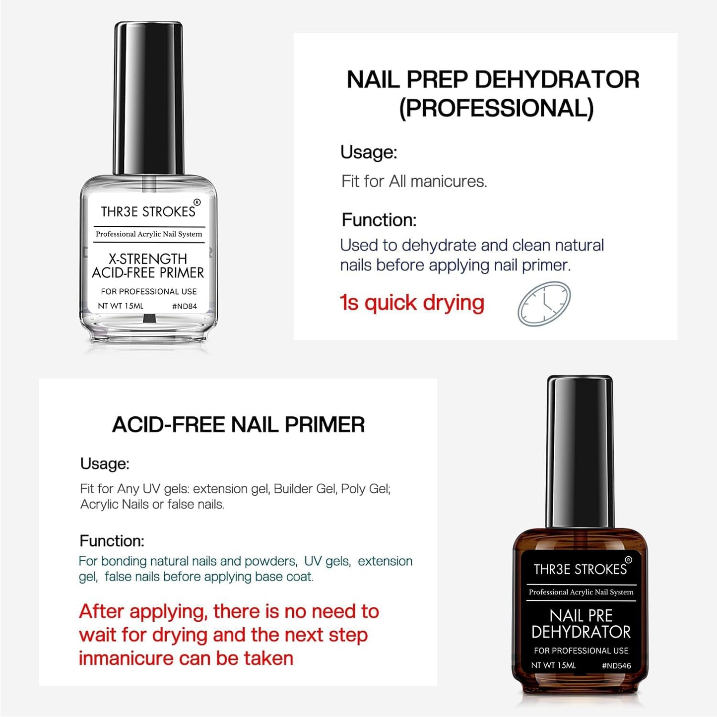THR3E STROKES Professional Natural Nail Prep Dehydrate and Acid-Free Primer, Dehydrator for Acrylic and Gel Nail Polish, Non Acid Primer for UV Gels Fast Dry Superior Bonding Agent Gift Box Set