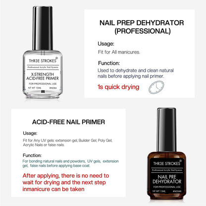 THR3E STROKES Professional Natural Nail Prep Dehydrate and Acid-Free Primer, Dehydrator for Acrylic and Gel Nail Polish, Non Acid Primer for UV Gels Fast Dry Superior Bonding Agent Gift Box Set