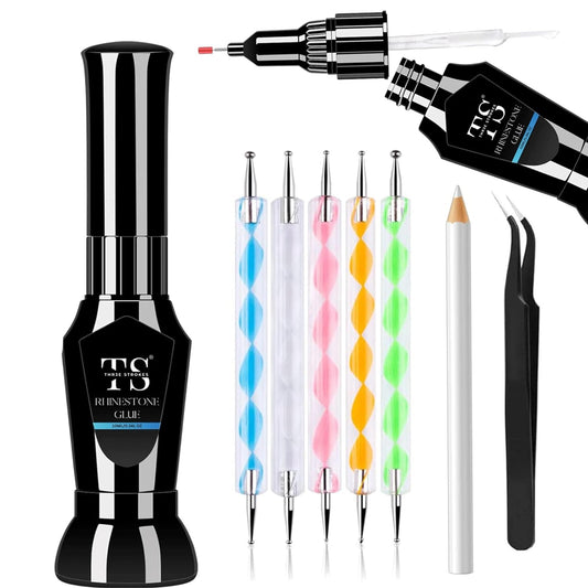 THR3E STROKES Adhesive Rhinestones Glue for Crafts, 2PCS 8ML Clear Glue with 5 Dotting Pen Tool, Wax Pencil and Tweezer, Jewelry Glue