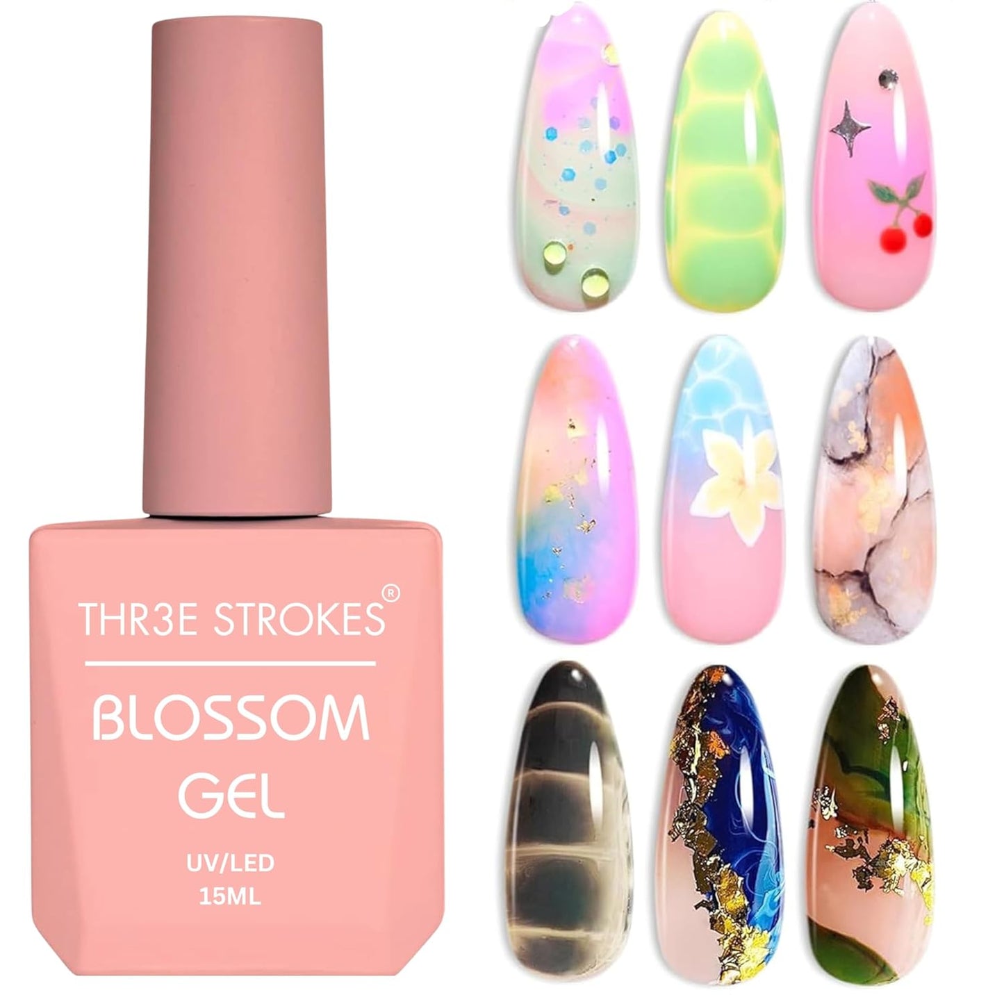 THR3E STROKES Nail Blooming Gel 15ml Clear Uv Led Blossom Gel Polish for Spreading Effect Marble Natural Stone Watercolor Floral Print Soak off Nail Gel Diy Nail Art Design Gift for Women