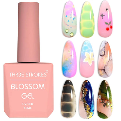 THR3E STROKES Nail Blooming Gel 15ml Clear Uv Led Blossom Gel Polish for Spreading Effect Marble Natural Stone Watercolor Floral Print Soak off Nail Gel Diy Nail Art Design Gift for Women