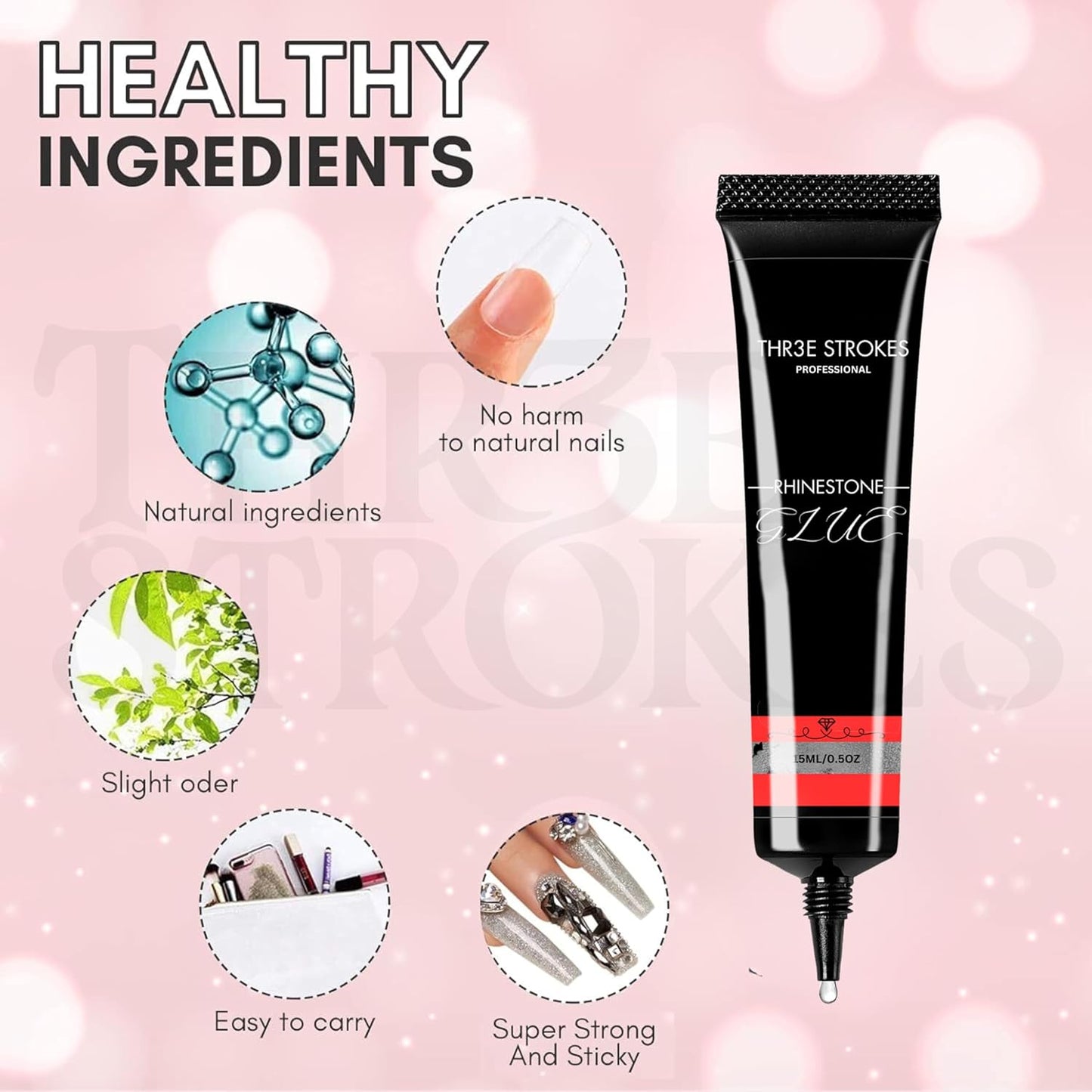THR3E STROKES Nail Rhinestone Glue for Nails, Super Strong Gel Nail Glue for Nail Charm 3D Nails Bling Gel for Decoration Gem Nail Art Jewel Diamonds 15ML Cured Need Beauty Gift (UV REQUIRED)