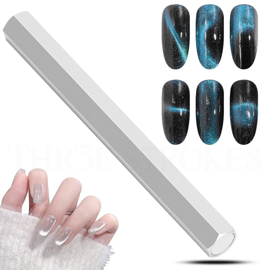 THR3E STROKES Cat Eye Magnet Tool,Professional Double-Ended Hexagon Strong Nail Magnet Stick for Cat Eye Gel Nail Polish, suitable for personal DIY, nail studio or nail salon(Silver)