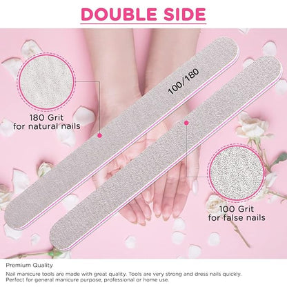 THR3E STROKES Nail Files & Buffer Kit: 12pcs 100/180 Grit (White)