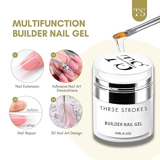 THR3E STROKES Builder Nail Gel Set: Clear Hard Gel for Nail Extensions