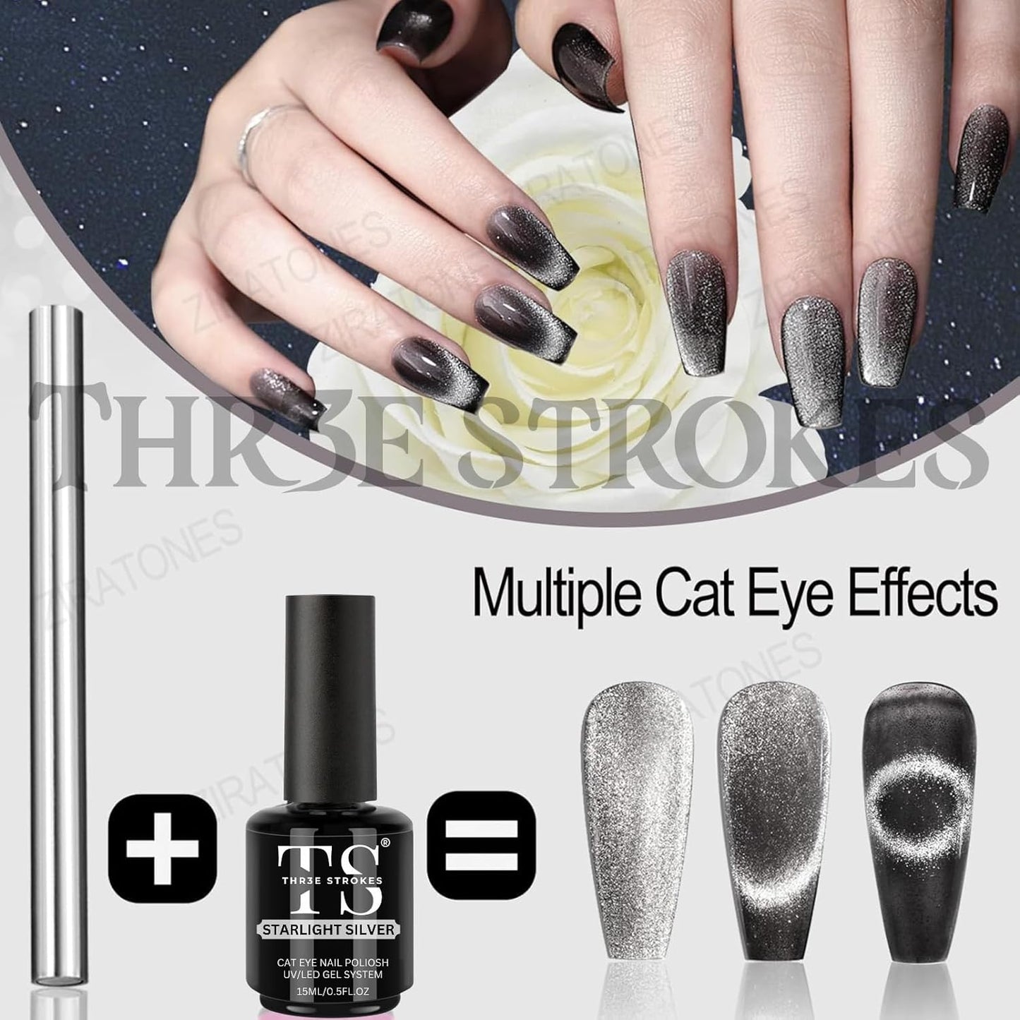 THR3E STROKES Cat Eye Magnet for Nails, 5.9inch Super Long Double-head Nail Polish Magnet Pens Magnet Stick 3D Magnetic Cat Eye Gel Polish Nail Art Tool, for Home DIY, Salon, Studio
