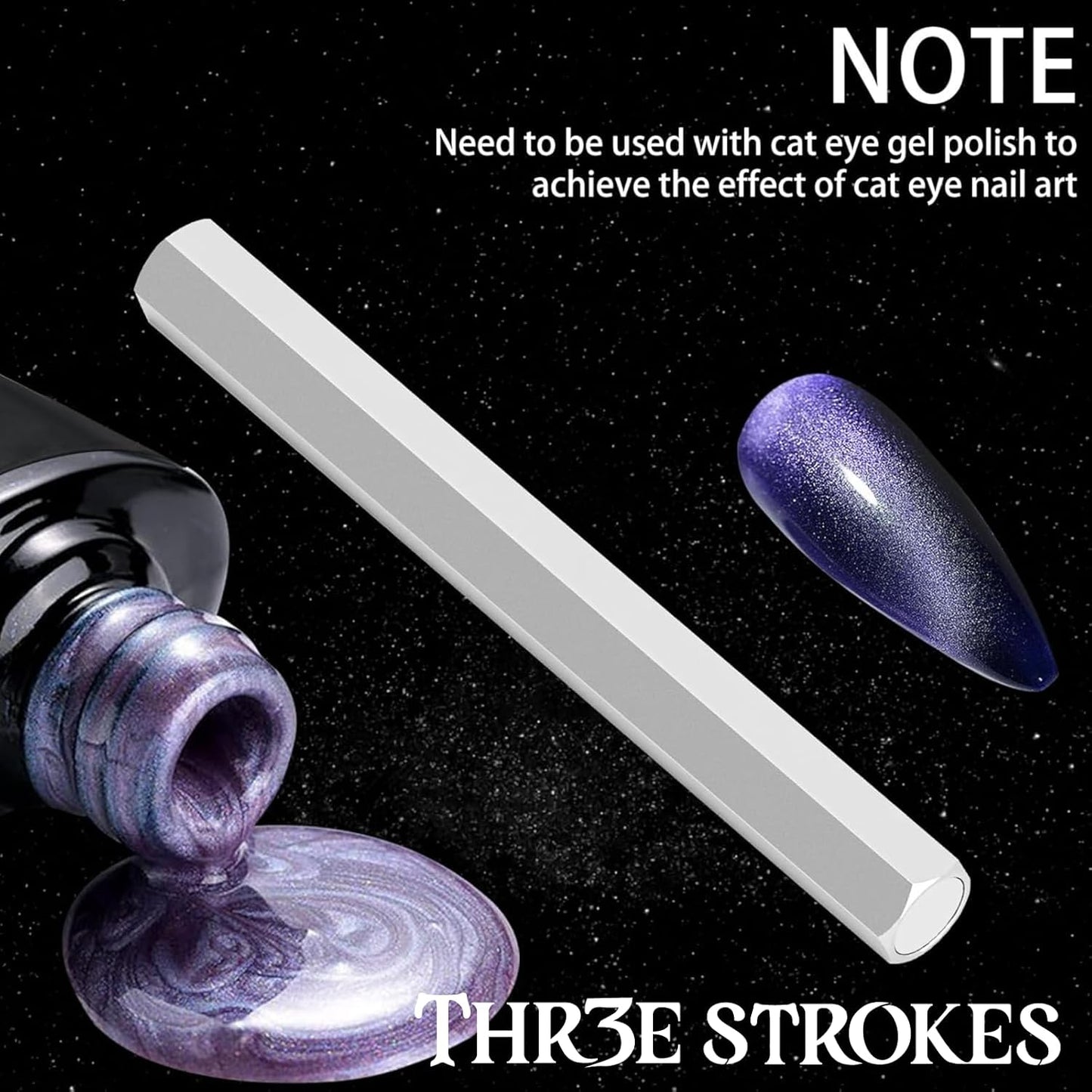 THR3E STROKES Cat Eye Magnet Tool,Professional Double-Ended Hexagon Strong Nail Magnet Stick for Cat Eye Gel Nail Polish, suitable for personal DIY, nail studio or nail salon(Silver)