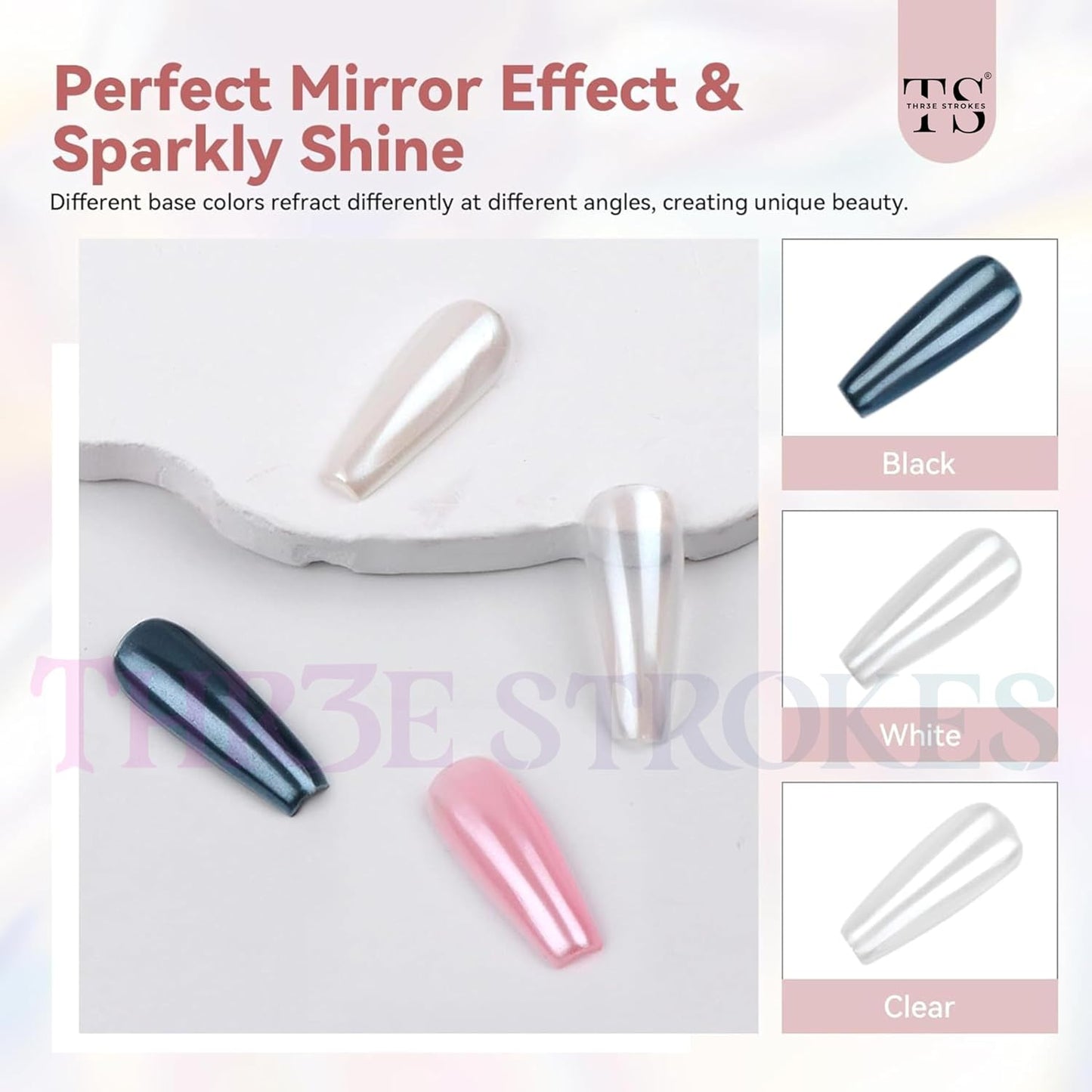 THR3E STROKES White Pearl Chrome Nail Powder - 1g Mirror Effect Chrome Powder for Gel Nails, Metallic Mermaid Chrome Nail Powder for Gel Polish, Pearl Nail Powder Glitter Dust Kit for Nail Art Decorations