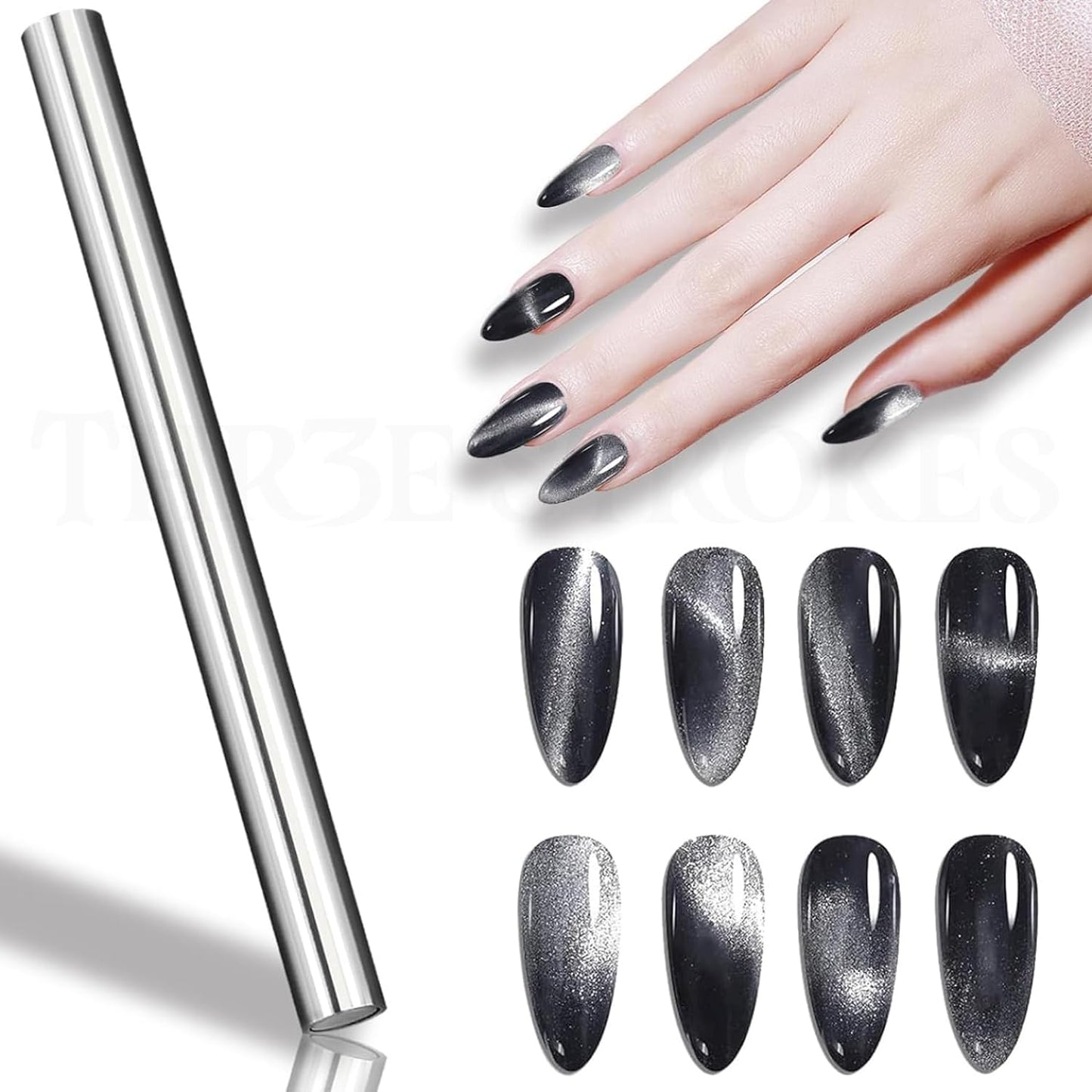 THR3E STROKES Cat Eye Magnet for Nails, 5.9inch Super Long Double-head Nail Polish Magnet Pens Magnet Stick 3D Magnetic Cat Eye Gel Polish Nail Art Tool, for Home DIY, Salon, Studio