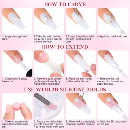 Solid Builder Nail Gel Kit 4 Colors Solid Builder Nail Extension Gel, 2 in 1 Pen Brush, 100pcs Clear Nail Molds