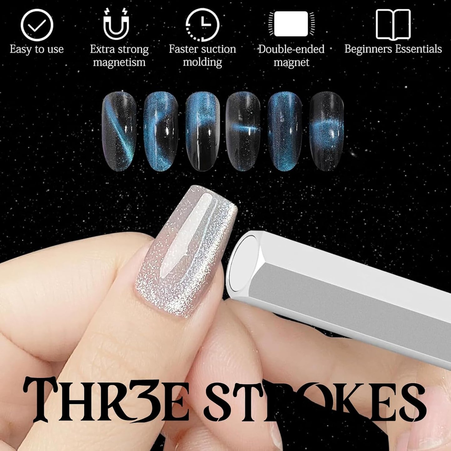 THR3E STROKES Cat Eye Magnet Tool,Professional Double-Ended Hexagon Strong Nail Magnet Stick for Cat Eye Gel Nail Polish, suitable for personal DIY, nail studio or nail salon(Silver)