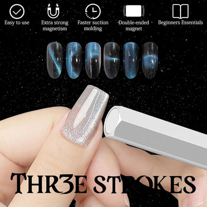 THR3E STROKES Cat Eye Magnet Tool,Professional Double-Ended Hexagon Strong Nail Magnet Stick for Cat Eye Gel Nail Polish, suitable for personal DIY, nail studio or nail salon(Silver)