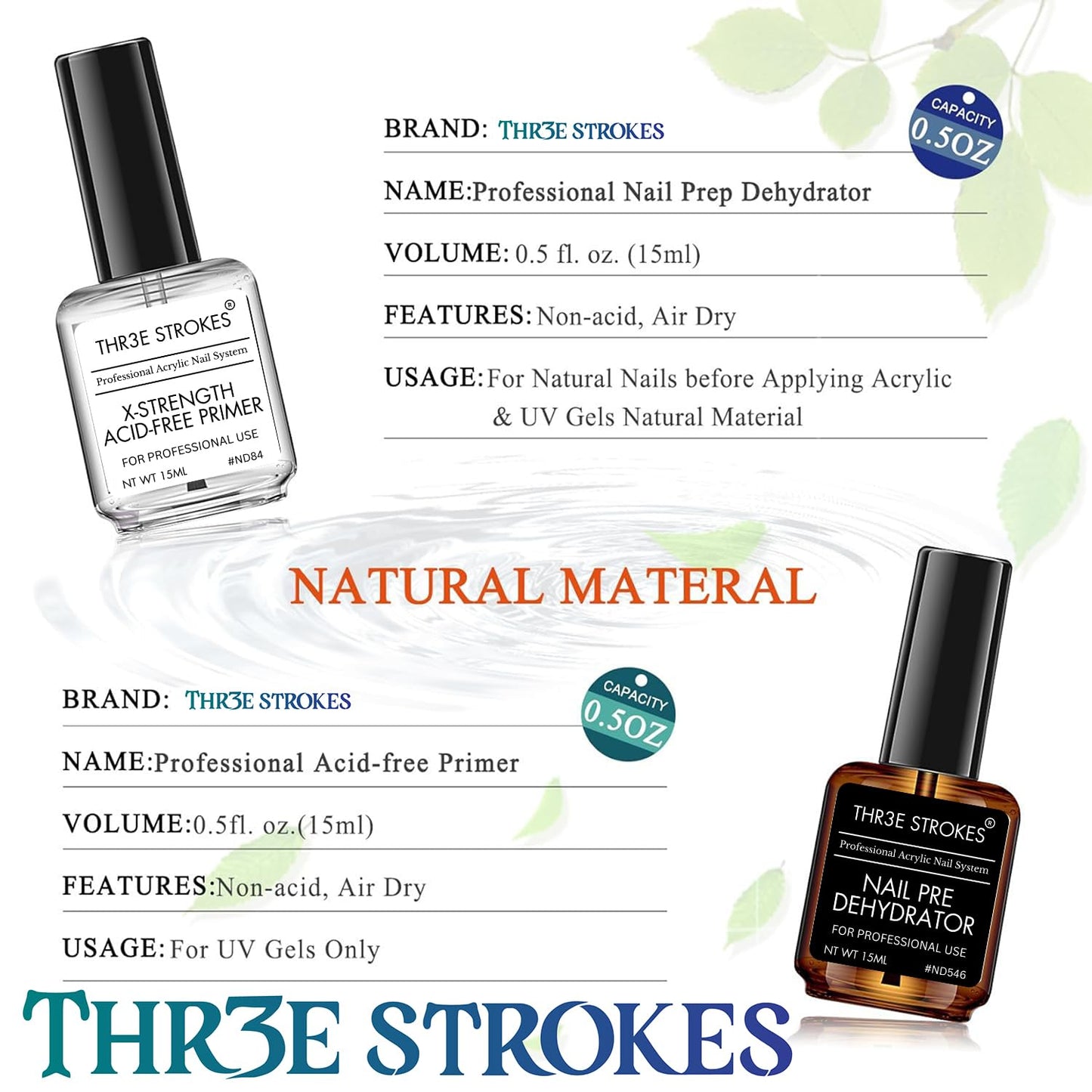THR3E STROKES Professional Natural Nail Prep Dehydrate and Acid-Free Primer, Dehydrator for Acrylic and Gel Nail Polish, Non Acid Primer for UV Gels Fast Dry Superior Bonding Agent Gift Box Set