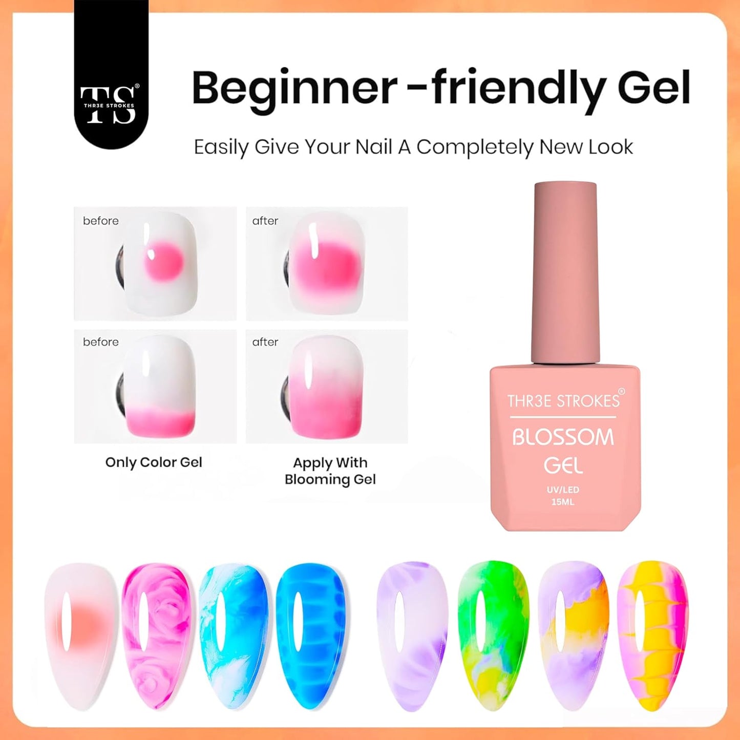 THR3E STROKES Nail Blooming Gel 15ml Clear Uv Led Blossom Gel Polish for Spreading Effect Marble Natural Stone Watercolor Floral Print Soak off Nail Gel Diy Nail Art Design Gift for Women