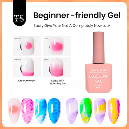 THR3E STROKES Nail Blooming Gel 15ml Clear Uv Led Blossom Gel Polish for Spreading Effect Marble Natural Stone Watercolor Floral Print Soak off Nail Gel Diy Nail Art Design Gift for Women