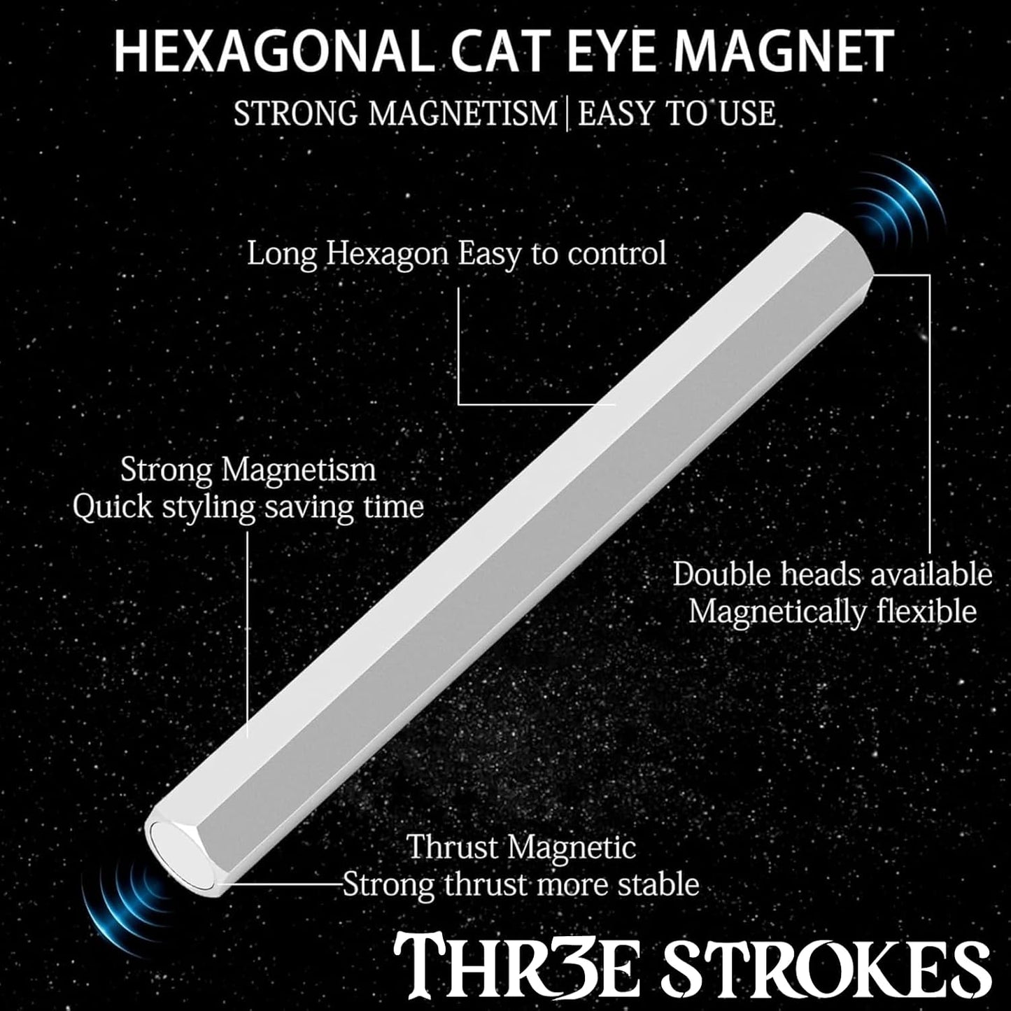 THR3E STROKES Cat Eye Magnet Tool,Professional Double-Ended Hexagon Strong Nail Magnet Stick for Cat Eye Gel Nail Polish, suitable for personal DIY, nail studio or nail salon(Silver)