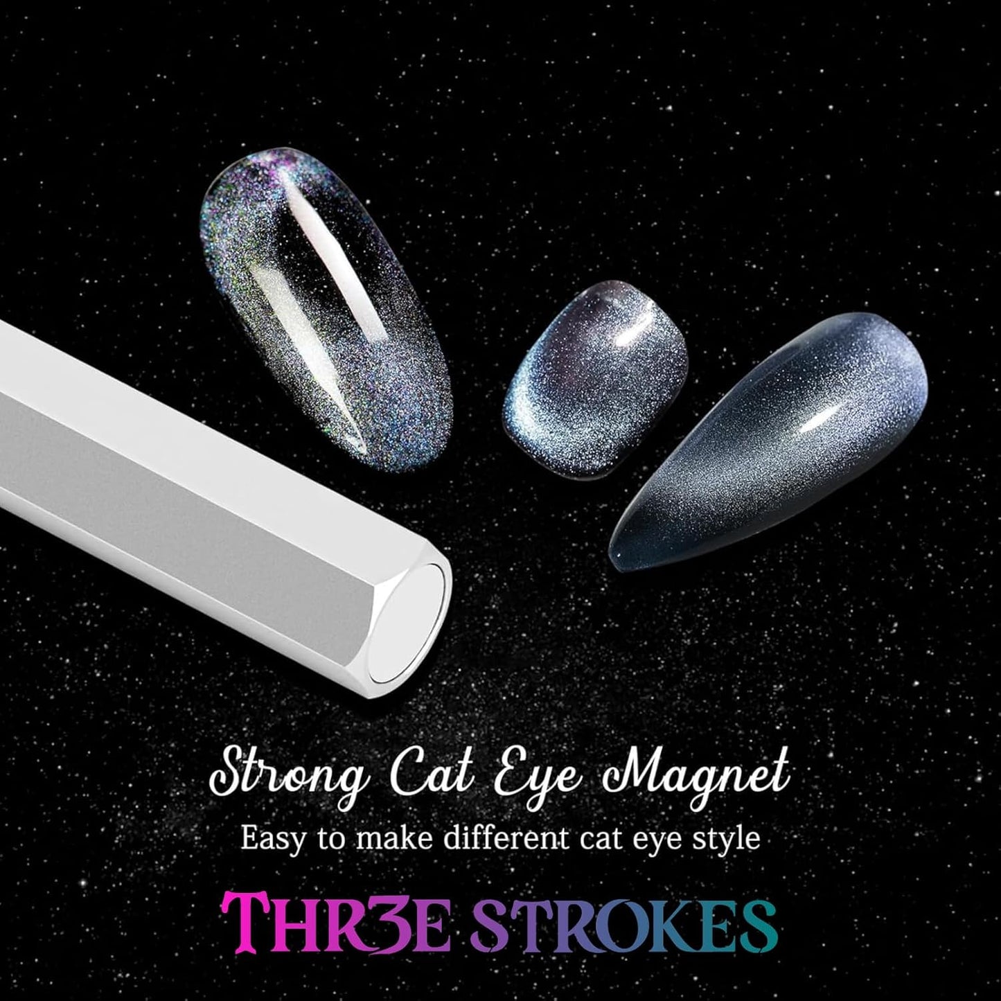 THR3E STROKES Cat Eye Magnet Tool,Professional Double-Ended Hexagon Strong Nail Magnet Stick for Cat Eye Gel Nail Polish, suitable for personal DIY, nail studio or nail salon(Silver)