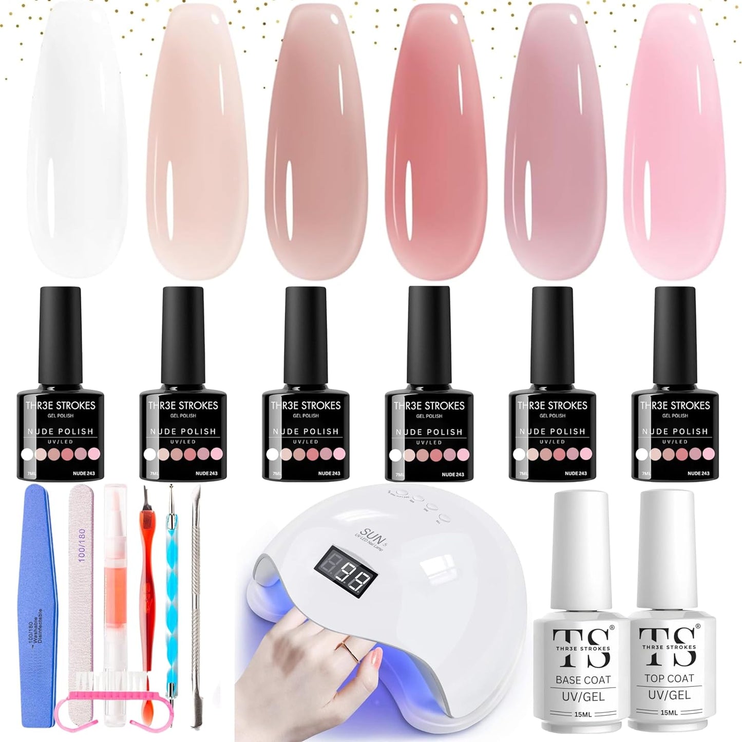 THR3E STROKES Gel Nail Polish Starter Kit With U V/LED Light, 6 Colors 48W Nail Dryer, Gel Base Top Coat Nail Art Tools, All-In-One Gift Kit, DIY Home/Salon Manicure Set, (WATERY NEED 3 LAYERS)