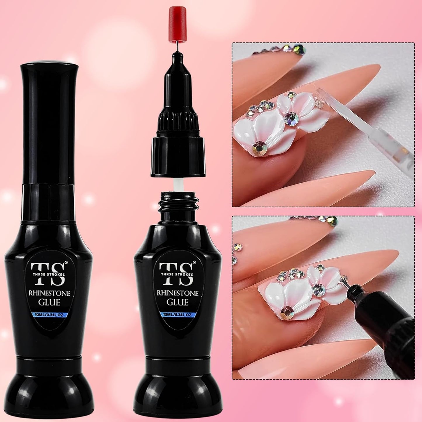 THR3E STROKES Adhesive Rhinestones Glue for Crafts, 2PCS 8ML Clear Glue with 5 Dotting Pen Tool, Wax Pencil and Tweezer, Jewelry Glue