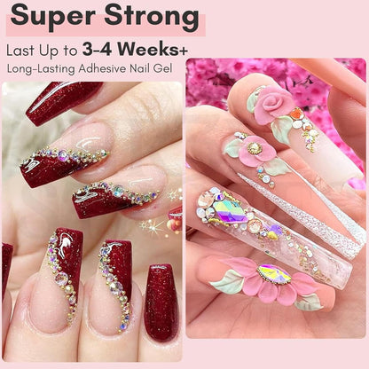 THR3E STROKES Nail Rhinestone Glue for Nails, Super Strong Gel Nail Glue for Nail Charm 3D Nails Bling Gel for Decoration Gem Nail Art Jewel Diamonds 15ML Cured Need Beauty Gift (UV REQUIRED)