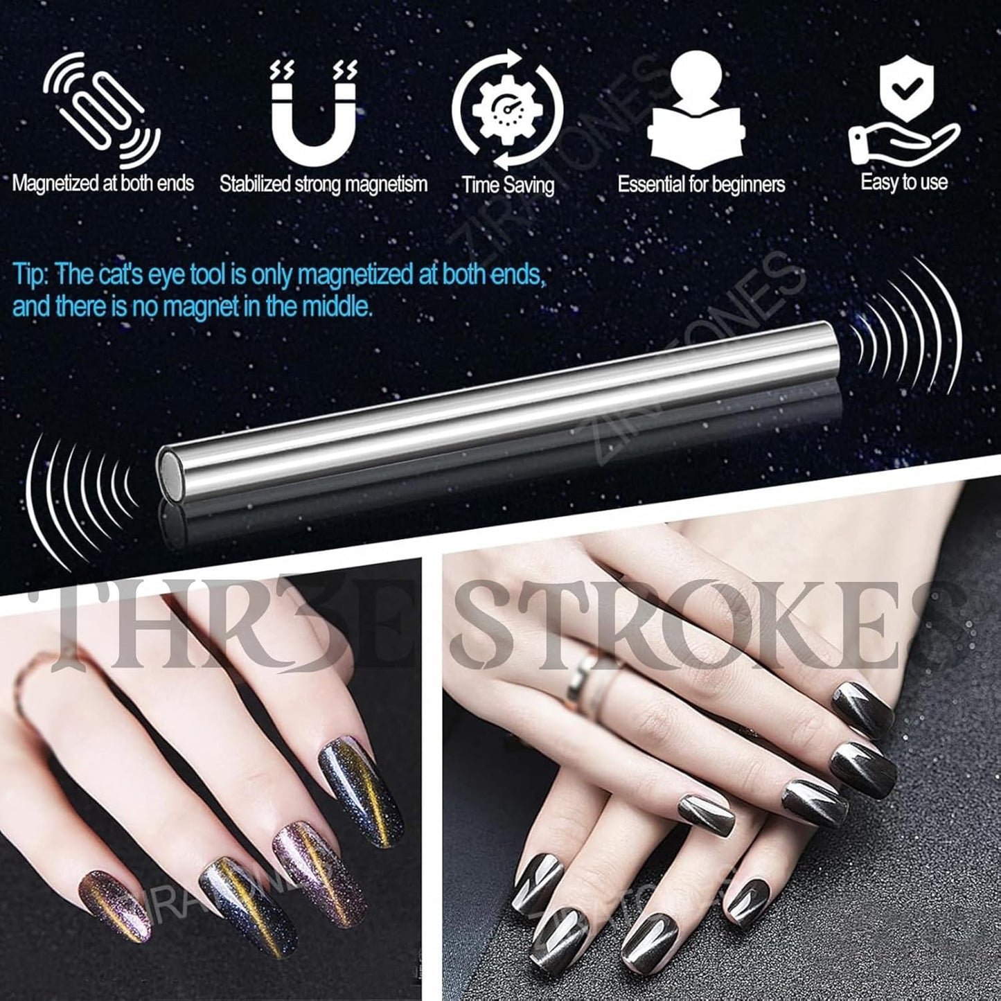 THR3E STROKES Cat Eye Magnet for Nails, 5.9inch Super Long Double-head Nail Polish Magnet Pens Magnet Stick 3D Magnetic Cat Eye Gel Polish Nail Art Tool, for Home DIY, Salon, Studio