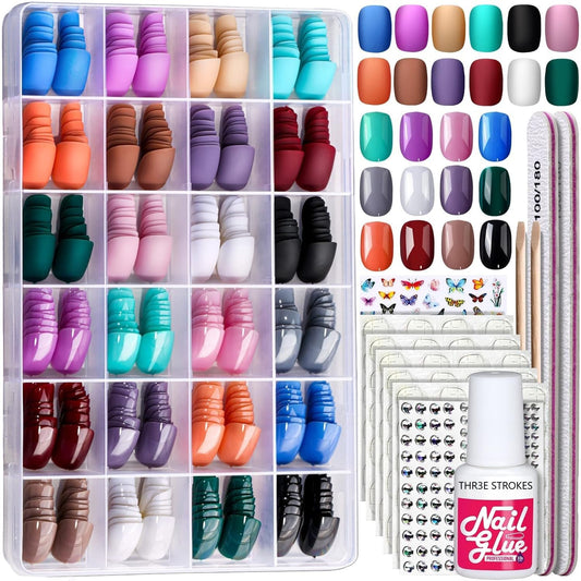 24Pack Short Round, Matte, Glossy Press On Nails with Nail Glue