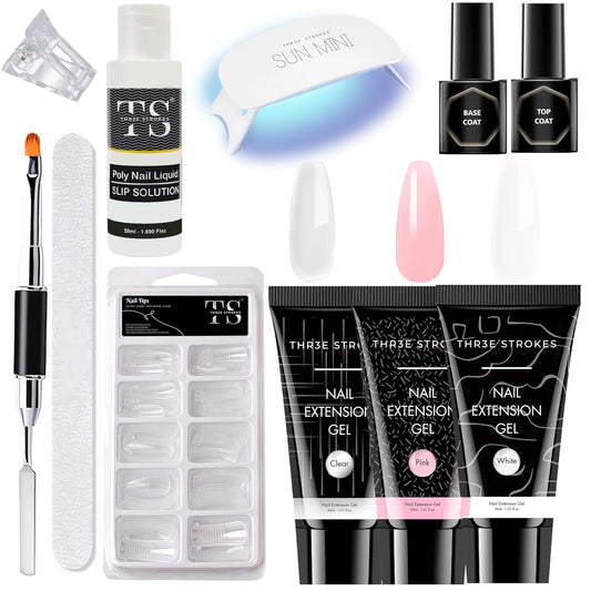 THR3E STROKES Poly Nail Gel Extension Kit for Builder Gel  (Pink, Clear, White) (11 Pcs Set)