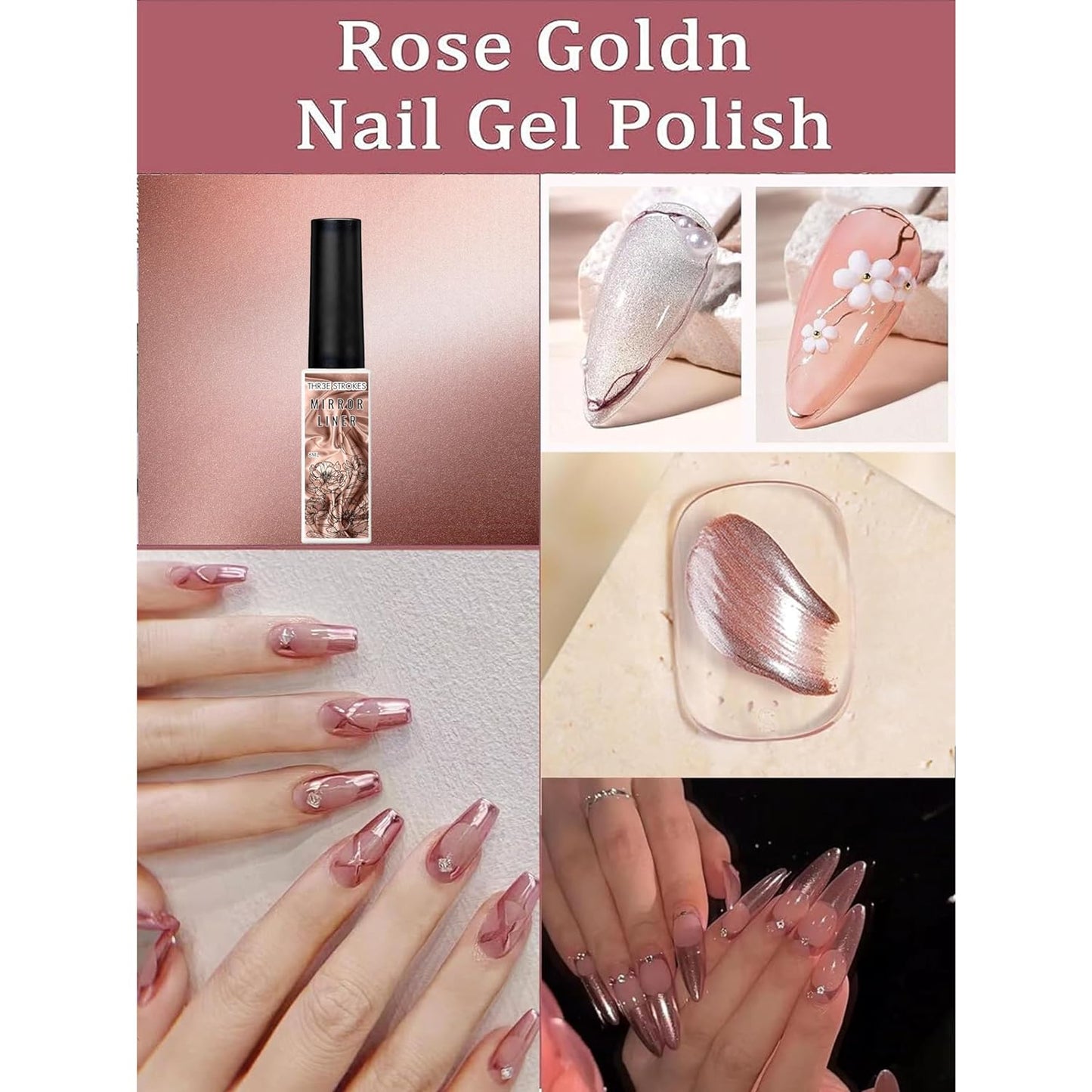 THR3E STROKES Metallic Gel Nail Polish, 3D Gold Silver Rose Gold Gel Nail Art, Nail Art Painting Liner Gel for Home Salon Nail Painting Drawing Gel Nail Design (Need UV Light) (SET OF 3)