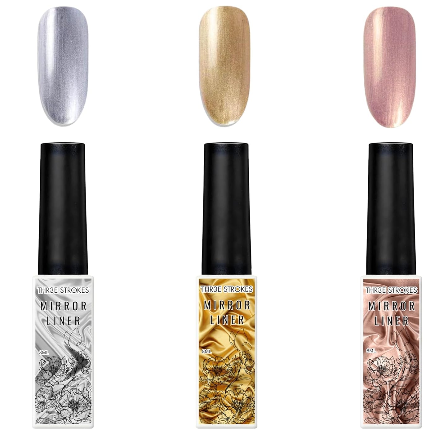 THR3E STROKES Metallic Gel Nail Polish, 3D Gold Silver Rose Gold Gel Nail Art, Nail Art Painting Liner Gel for Home Salon Nail Painting Drawing Gel Nail Design (Need UV Light) (SET OF 3)