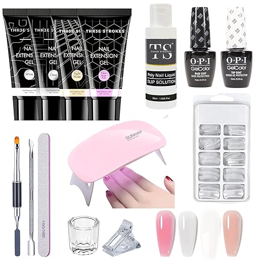 THR3E STROKES Poly Nail Gel Extension Kit for Builder Gel UV Nail Art Kit Nail Extension Set (Nude, Pink, White,Clear) (13 Items in the set)